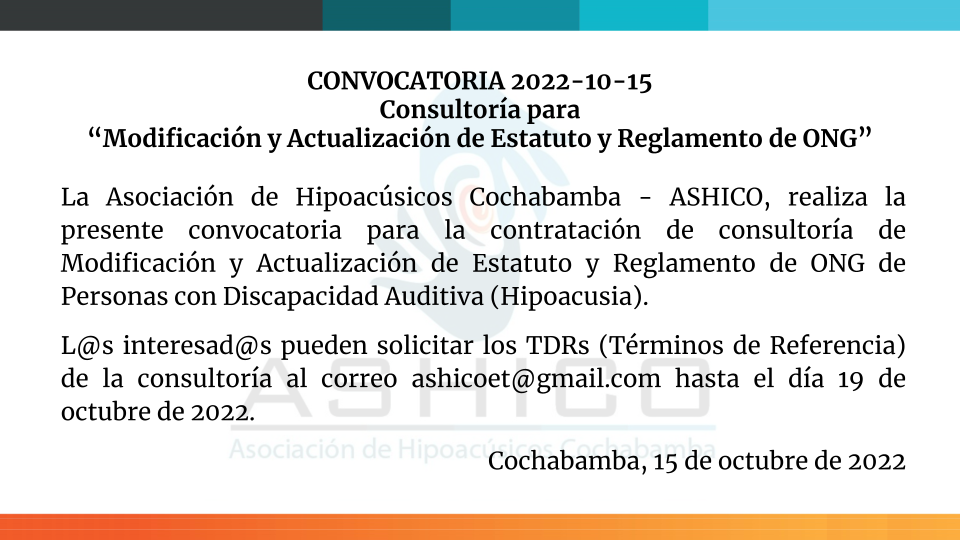 Convocatoria 2022-10-15 Consultoría para modificación y actualización de Estatuto y Reglamento de ONG